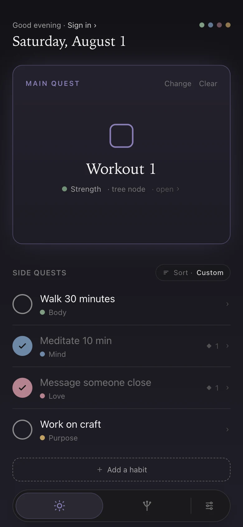 The Today screen: the date, the day's main quest — Workout 1 — and four habits, two checked off in their area colors